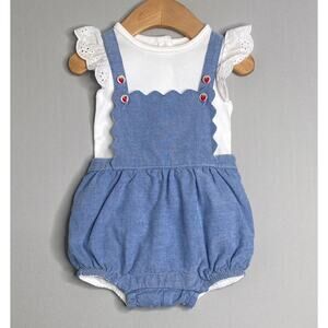 Janie & Jack Blue Strawberry Button Chambray Bubble Romper/Top Set Girls 3-6 Mo